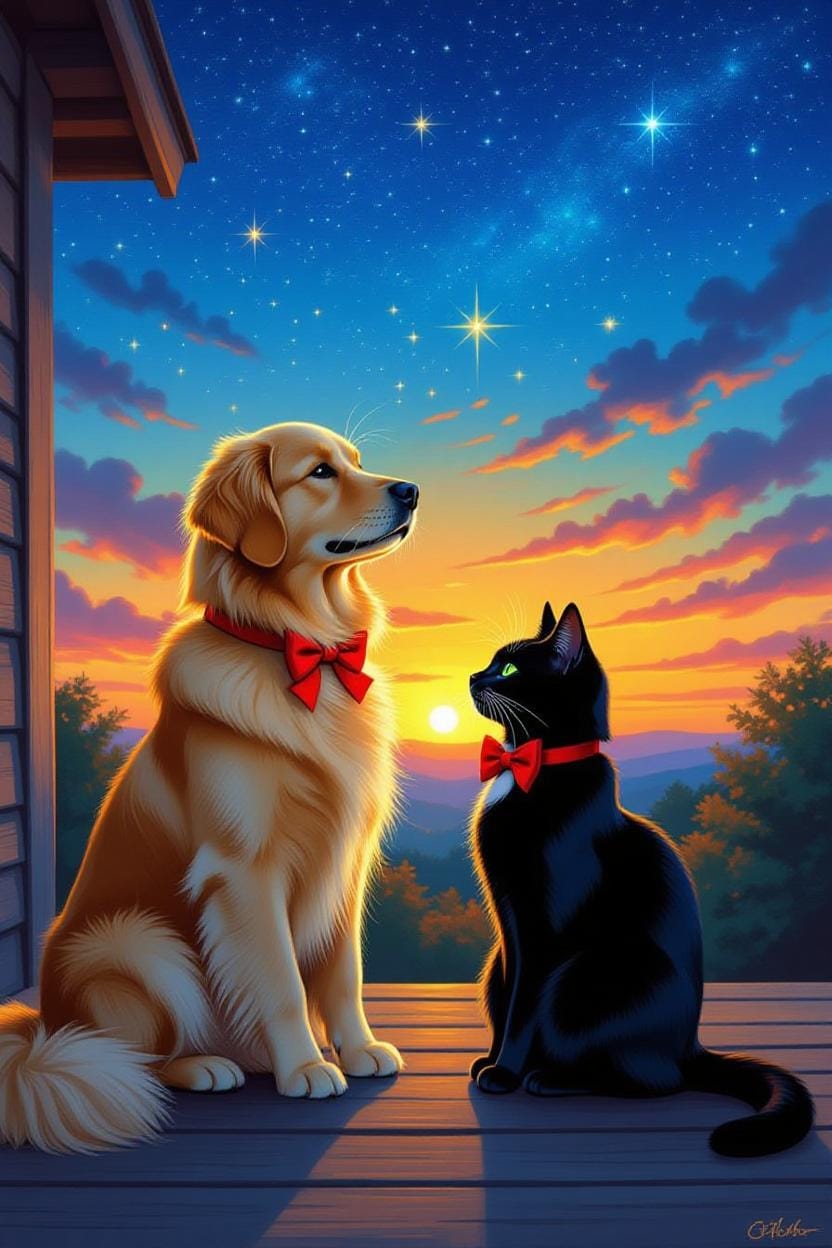 Create an image of a dog and a cat wearing bowties sat on a porch watching the sunrise in a starry sky in the style of a magical glow in the dark impressionist painting.