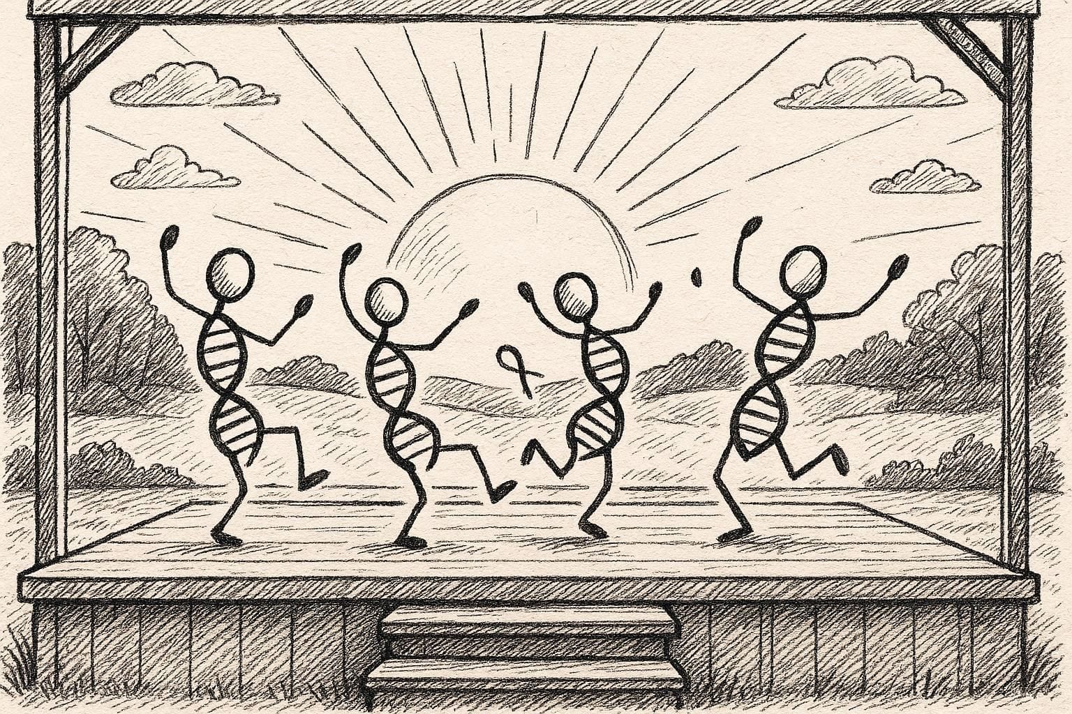 Create a stick figure pen and ink image of DNA molecules dancing on an outdoor stage at sunrise.