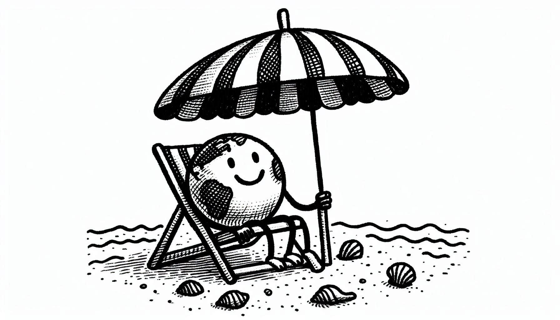 Create a stick figure pen and ink image of The World sitting under a beach umbrella.