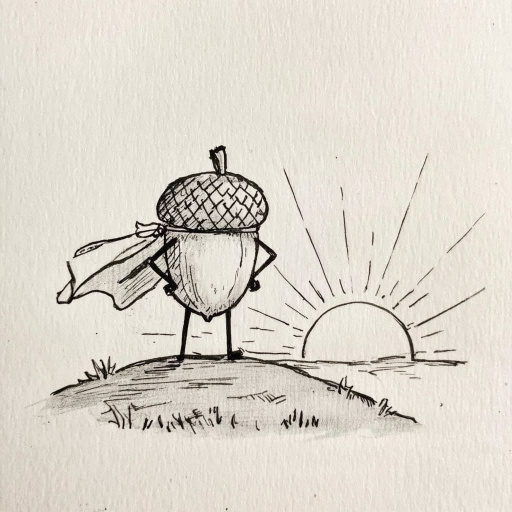 Create a stick figure pen and ink image of an acorn wearing a superhero cape watching the sunrise.