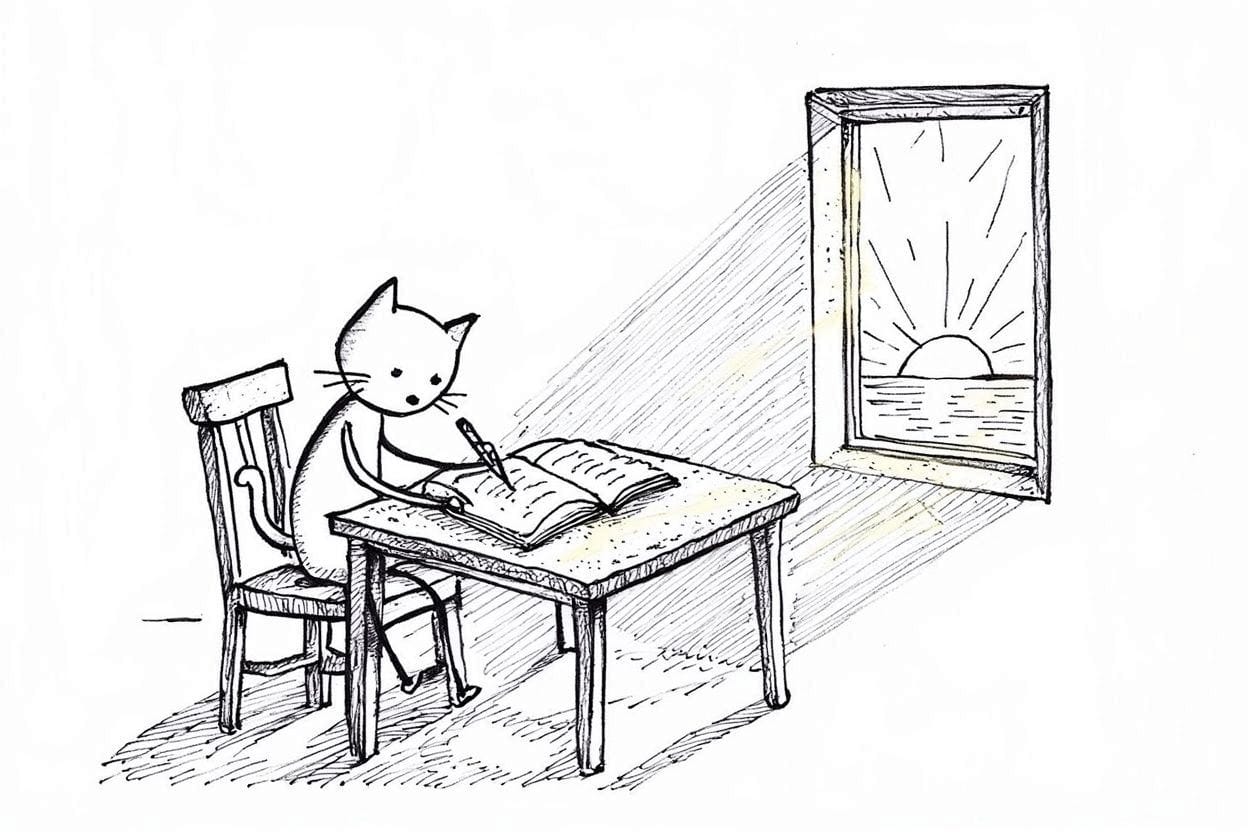 Create a stick figure pen and ink image of a cat writing in a journal by a window at sunrise.