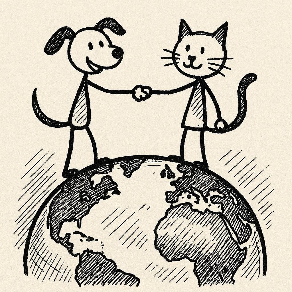 Create a stick figure pen and ink image of a dog and a cat shaking paws standing on top of The World.