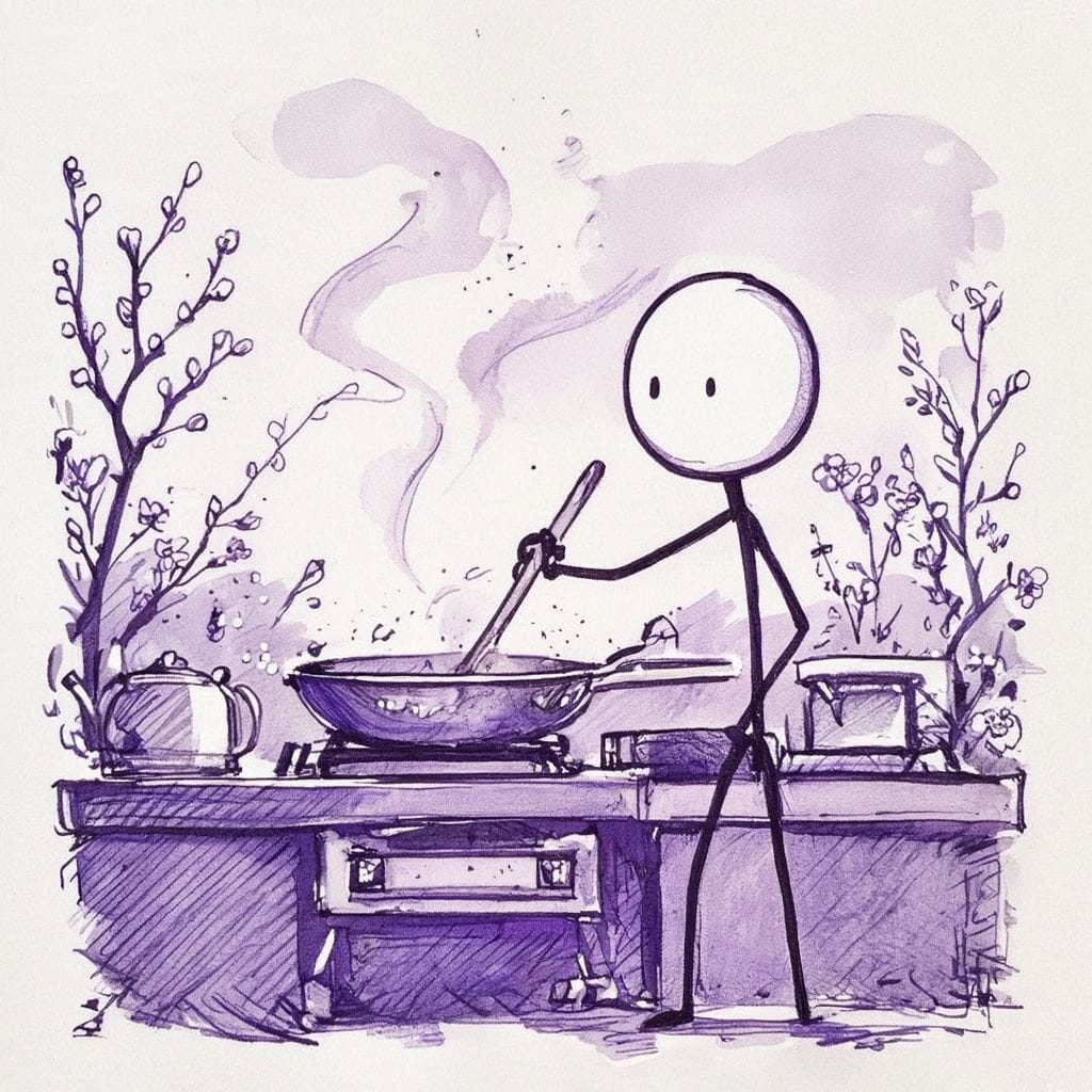 Prompt Used: Create a stick figure pen and ink image of a person cooking at dawn on a Spring day using a purple color palette.