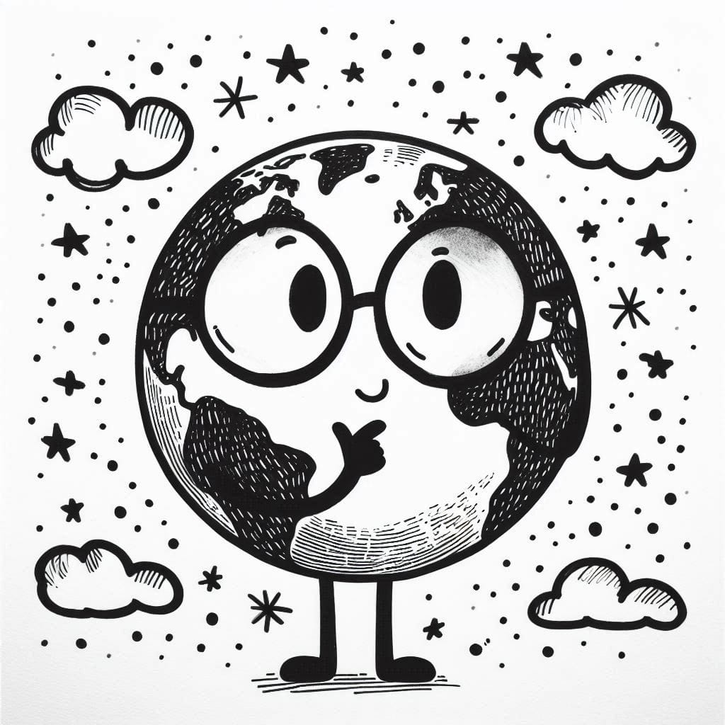 Create a stick figure pen and ink image of The Earth wearing glasses and thinking.