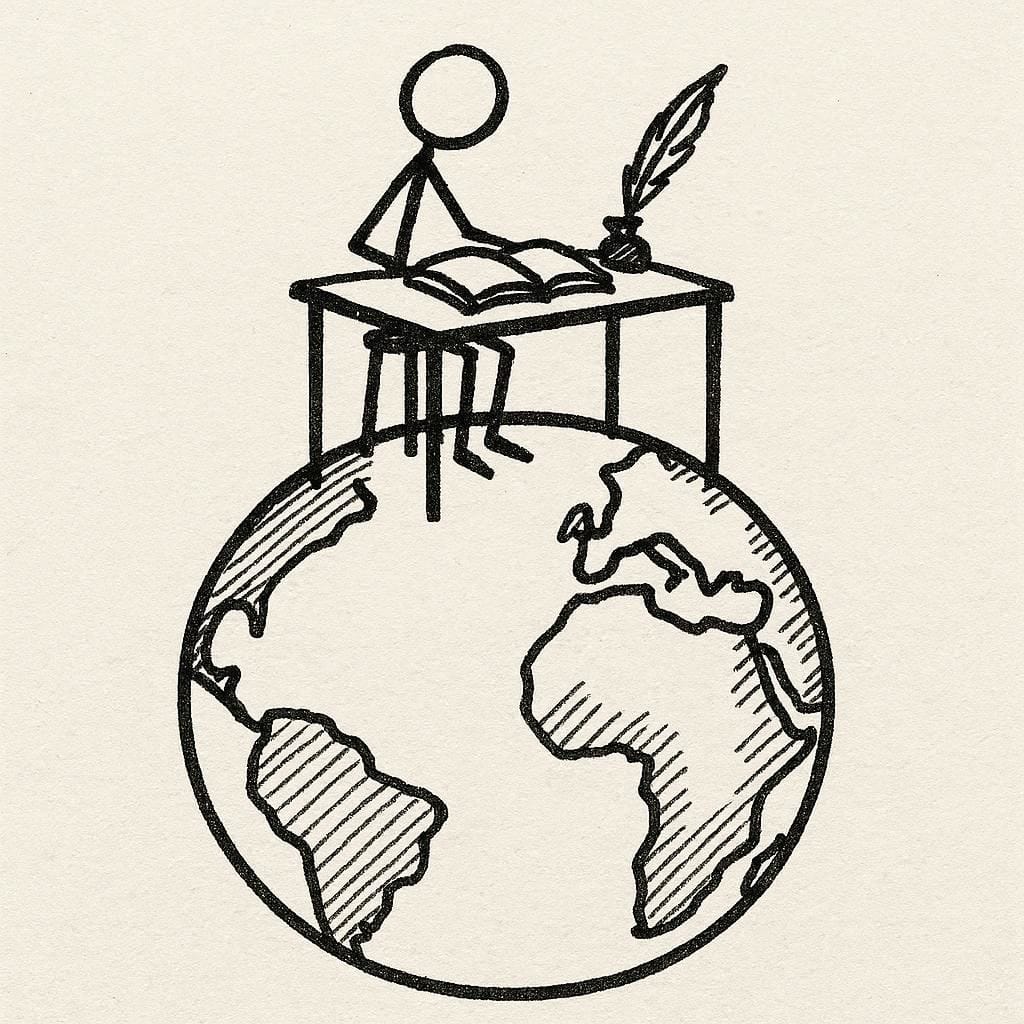 Create a stick figure pen and ink drawing of a desk on top of the world with a book and a quill on it.