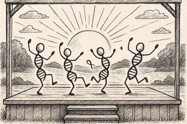 Create a stick figure pen and ink image of DNA molecules dancing on an outdoor stage at sunrise.