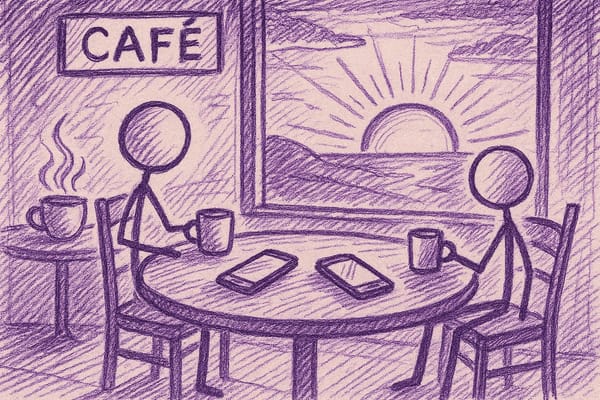 Create a stick figure pen and ink image of two cellphones on a table at a cafe by a window at sunrise using a violet color palette.