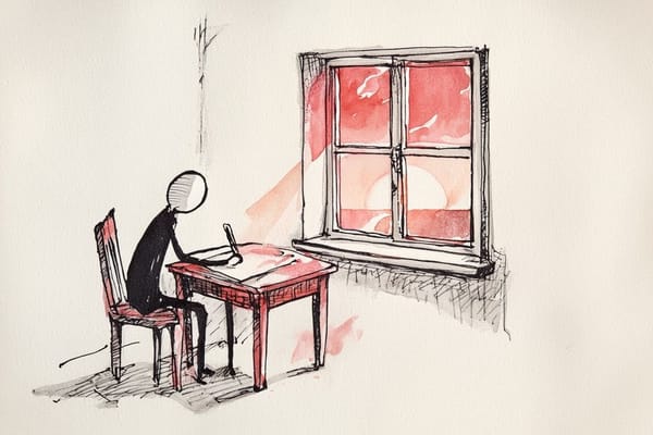 Create a stick figure pen and ink image of a poet writing by a window at sunrise using a red color palette.