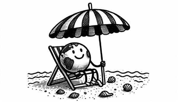 Create a stick figure pen and ink image of The World sitting under a beach umbrella.