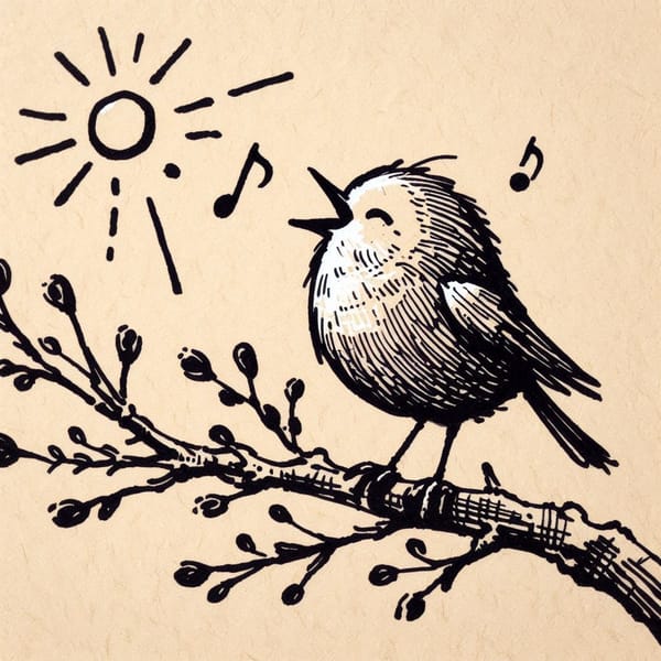 Create a stick figure pen and ink image of a robin on a tree branch singing for the sunrise.