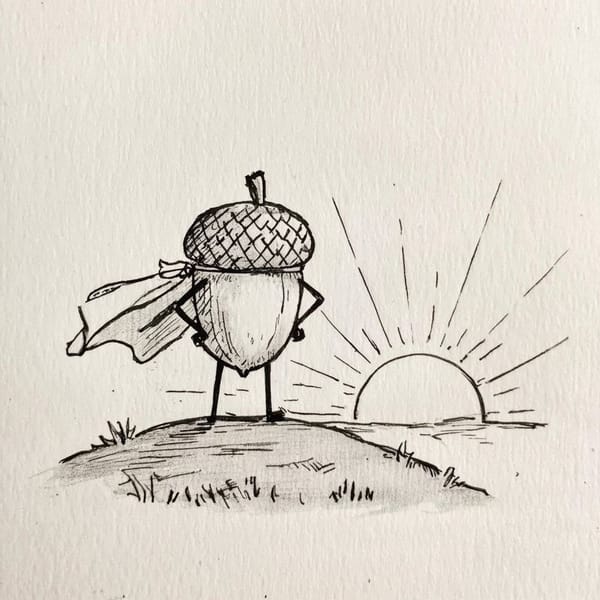 Create a stick figure pen and ink image of an acorn wearing a superhero cape watching the sunrise.