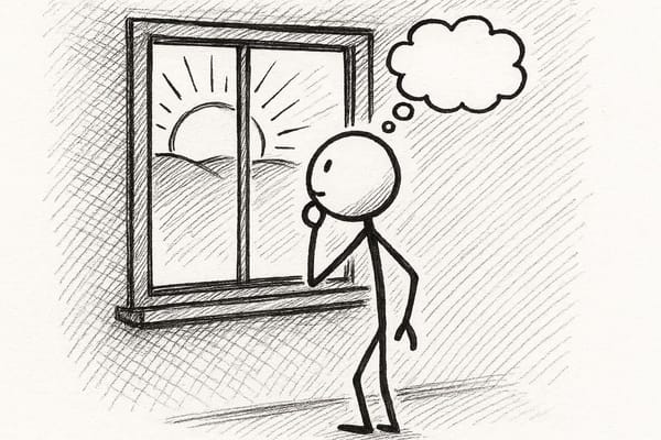 Create a stick figure pen and ink drawing of a person looking out a window at sunrise making a wish.