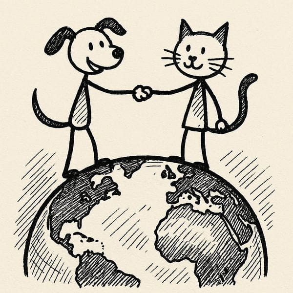 Create a stick figure pen and ink image of a dog and a cat shaking paws standing on top of The World.