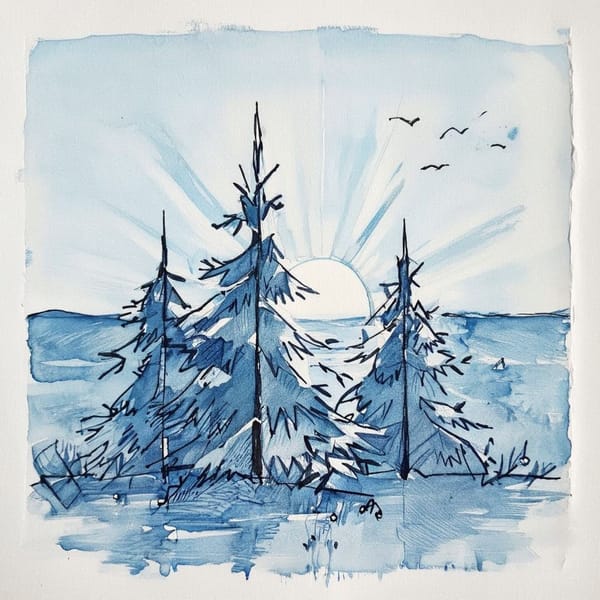 Create a stick figure pen and ink image of a evergreens at sunrise in Spring using a blue color palette.