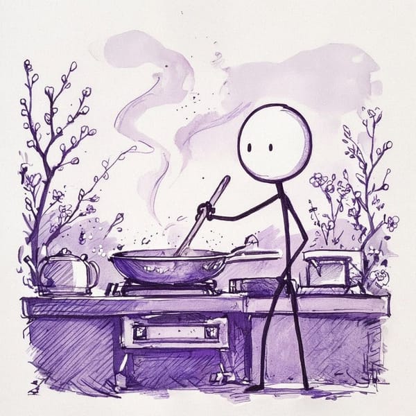 Prompt Used: Create a stick figure pen and ink image of a person cooking at dawn on a Spring day using a purple color palette.