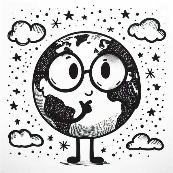 Create a stick figure pen and ink image of The Earth wearing glasses and thinking.