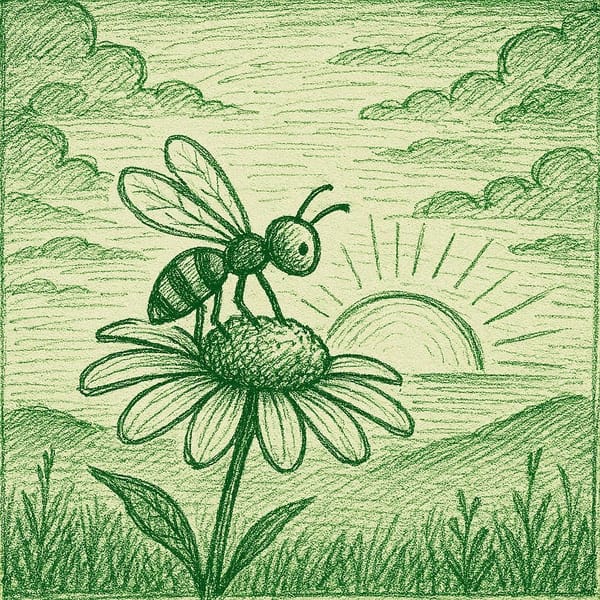 Create a stick figure pen and ink image of a bee on a flower at sunrise using a green color palette. 