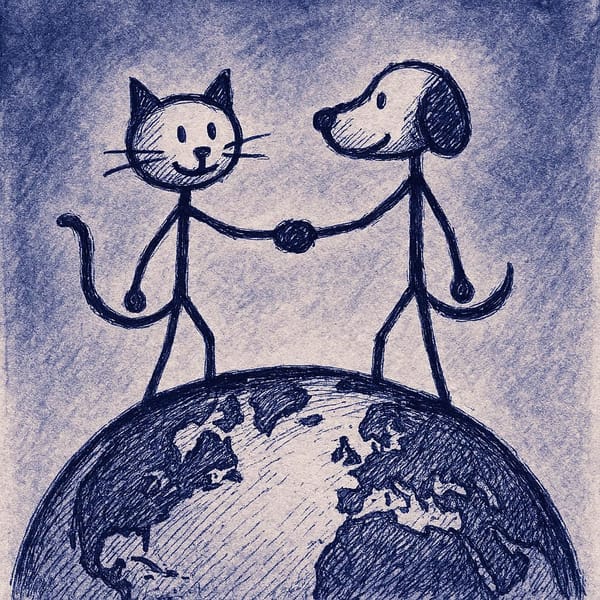 Create a stick figure pen and ink image of a dog and a cat shaking paws standing on top of The World using an indigo color palette.