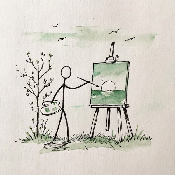 Create a stick figure pen and ink image of an artist painting a sunrise in Spring using a green color palette.
