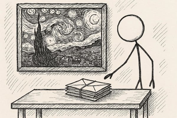 Create a stick figure pen and ink drawing of a stack of letters on a table near a painting of The Starry Night.