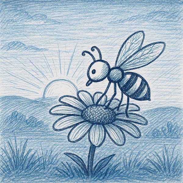 Create a stick figure pen and ink image of a bee on a flower at sunrise using a blue color palette.