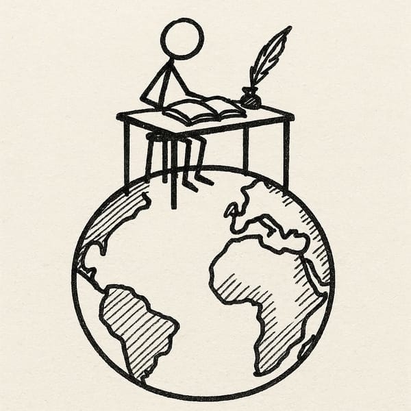 Create a stick figure pen and ink drawing of a desk on top of the world with a book and a quill on it.