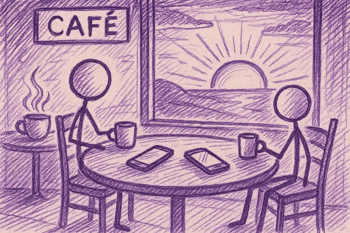 Create a stick figure pen and ink image of two cellphones on a table at a cafe by a window at sunrise using a violet color palette.