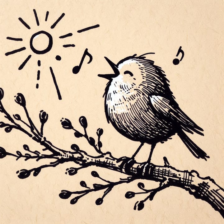 Create a stick figure pen and ink image of a robin on a tree branch singing for the sunrise.