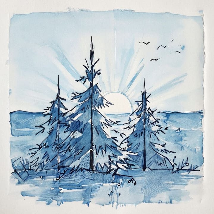 Create a stick figure pen and ink image of a evergreens at sunrise in Spring using a blue color palette.