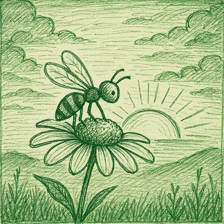 Create a stick figure pen and ink image of a bee on a flower at sunrise using a green color palette. 
