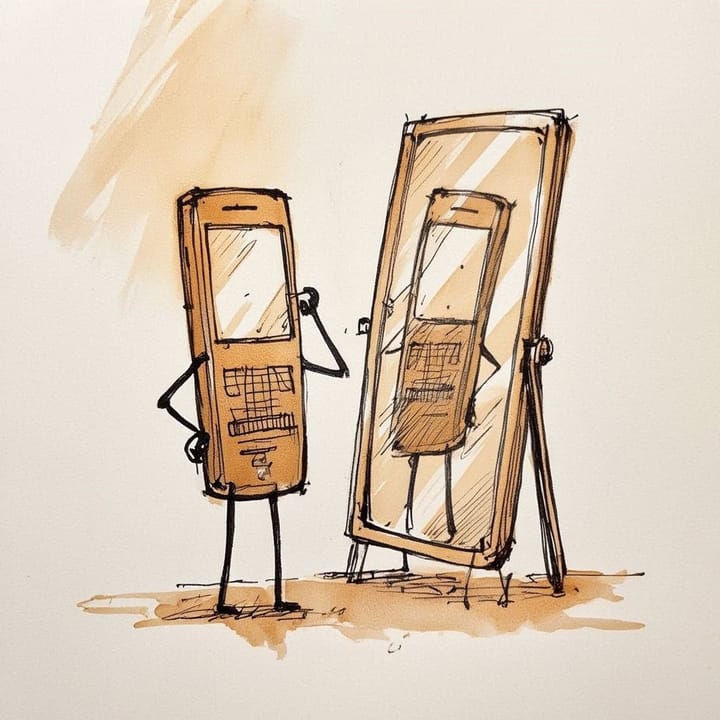 Create a stick figure pen and ink image of a cellphone checking itself out in a mirror using an amber color palette.