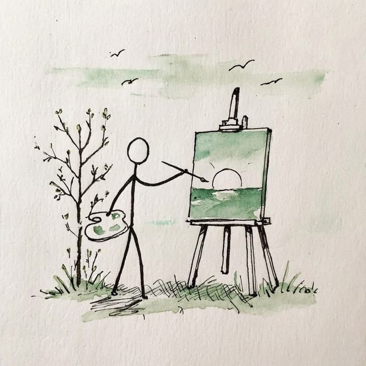 Create a stick figure pen and ink image of an artist painting a sunrise in Spring using a green color palette.