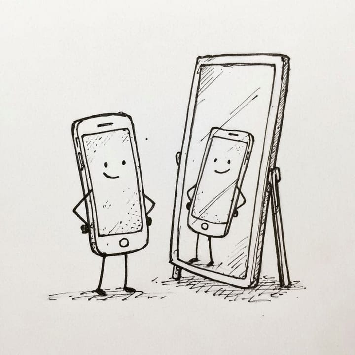 Create a stick figure pen and ink image of a cellphone checking itself out in a mirror.