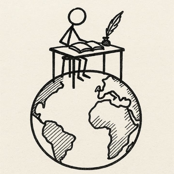 Create a stick figure pen and ink drawing of a desk on top of the world with a book and a quill on it.