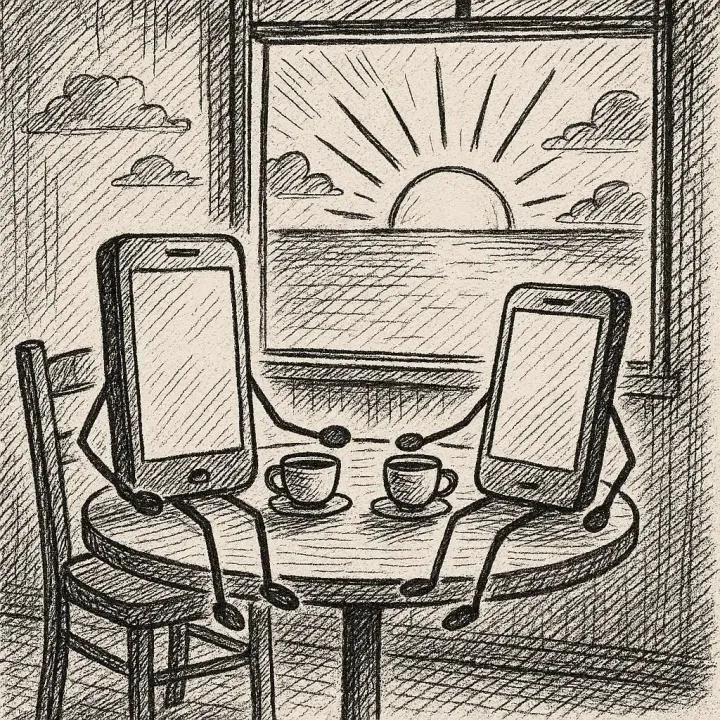 Create a stick figure pen and ink image of two cellphones on a table at a cafe by a window at sunrise.