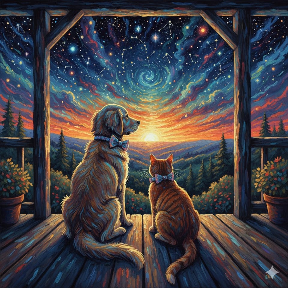 Create an image of a dog and a cat wearing bowties sat on a porch watching the sunrise in a starry sky in the style of a magical glow in the dark impressionist painting.